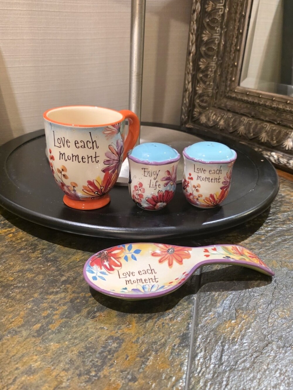 "Love Each Moment" • Cracker Barrel Stoneware Set.  NWOT. Discontinued.